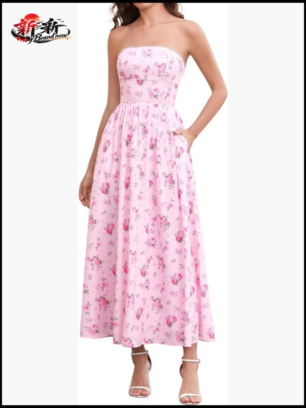 Tube Floral Maxi Dress Strapless Wedding Guest Flowy Long Dress with Pockets